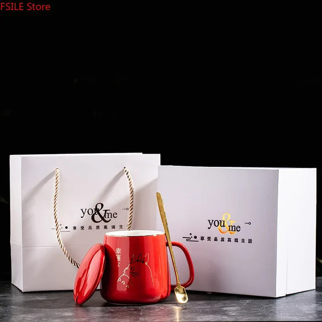 Tasse à café en céramique à motif dessin animé avec cuillère