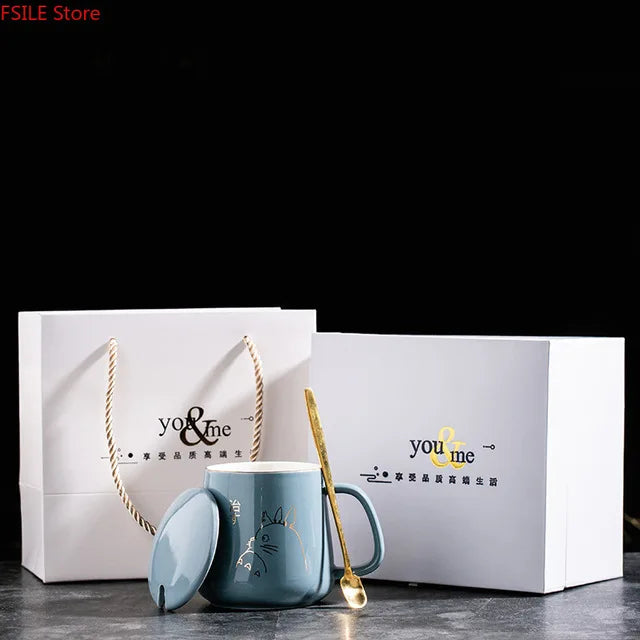 Tasse à café en céramique à motif dessin animé avec cuillère